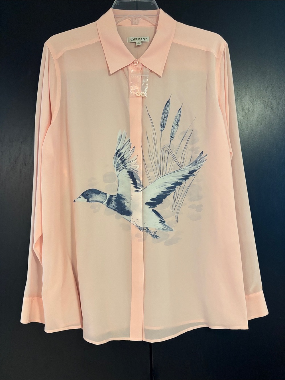 Orvis 100% Silk Light Pink Button-Up Shirt with Duck and Reeds Print